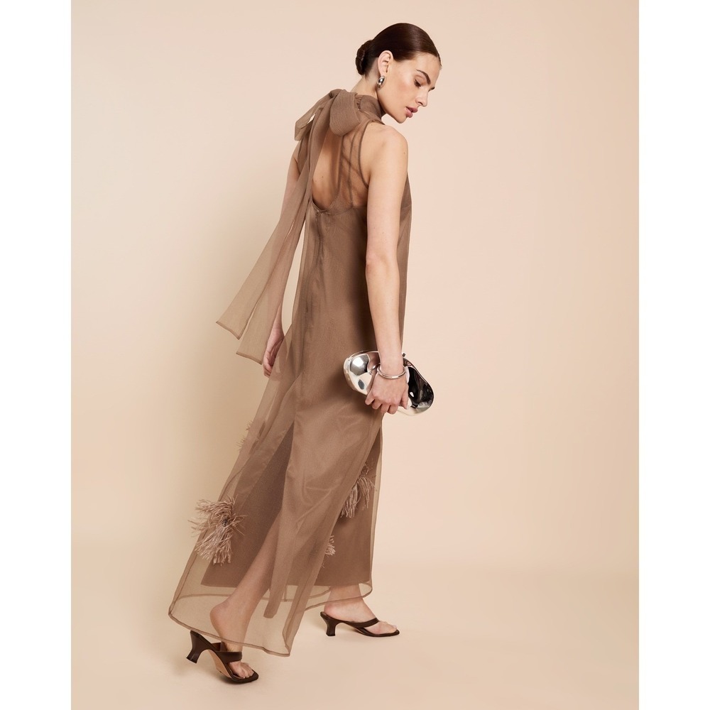 NWT o.p.t Naia Organza Tie Neck Maxi Dress in Oatmeal - Size XS - Picture 3 of 11